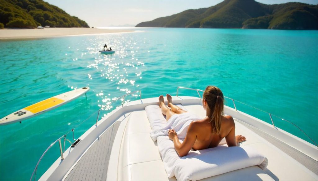Couple receiving a spa massage on a yacht during a wellness retreat at sea in the Whitsundays.